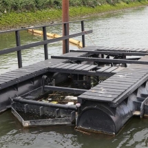 The Recycled Island Foundation estimates that 12,000 kilos of plastic was used to build the 40 square meter floating park. Plastic was collected in litter traps like this.