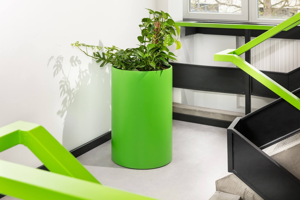 Hengeres DiaLog virágedények beltérben, színes virágokkal.