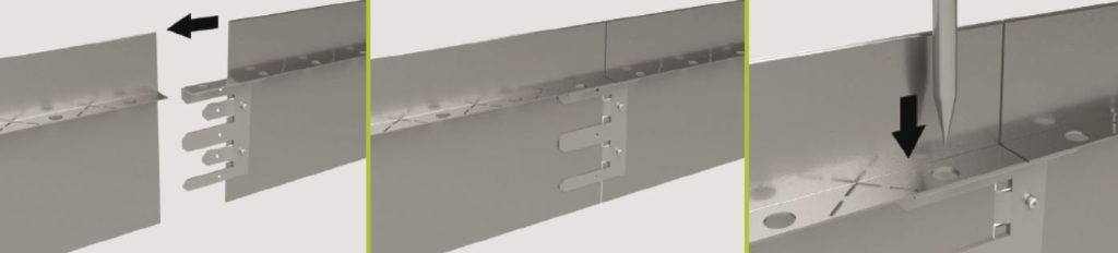 GG‑FF‑175 fűszegély elemek sorolása és összekapcsolása fémkapcsokkal.