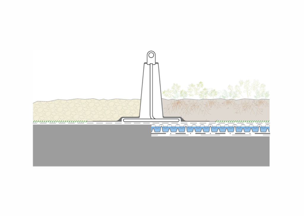 Zöldtető keresztmetszeti rétegrend DiaSafe Single leesés elleni rendszerrel, kavicsos ültetőközeggel, drénlemezzel, víz- és gyökérszigeteléssel.