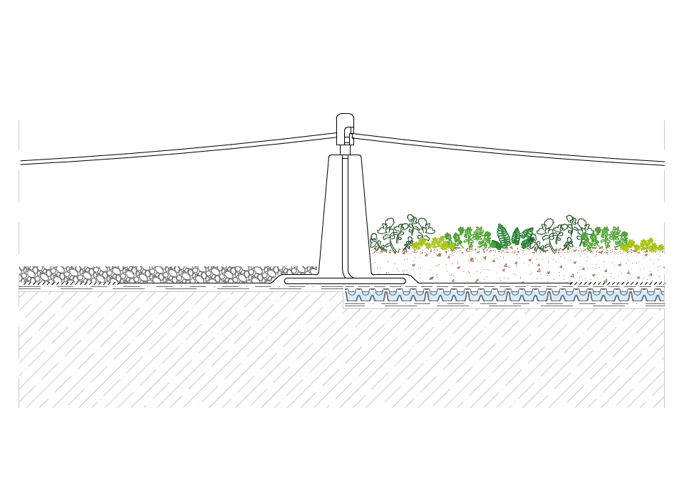Zöldtető keresztmetszeti rétegrend DiaSafe® Line Multi leesés elleni rendszerrel, kavicsos ültetőközeggel, drénlemezzel, víz- és gyökérszigeteléssel.