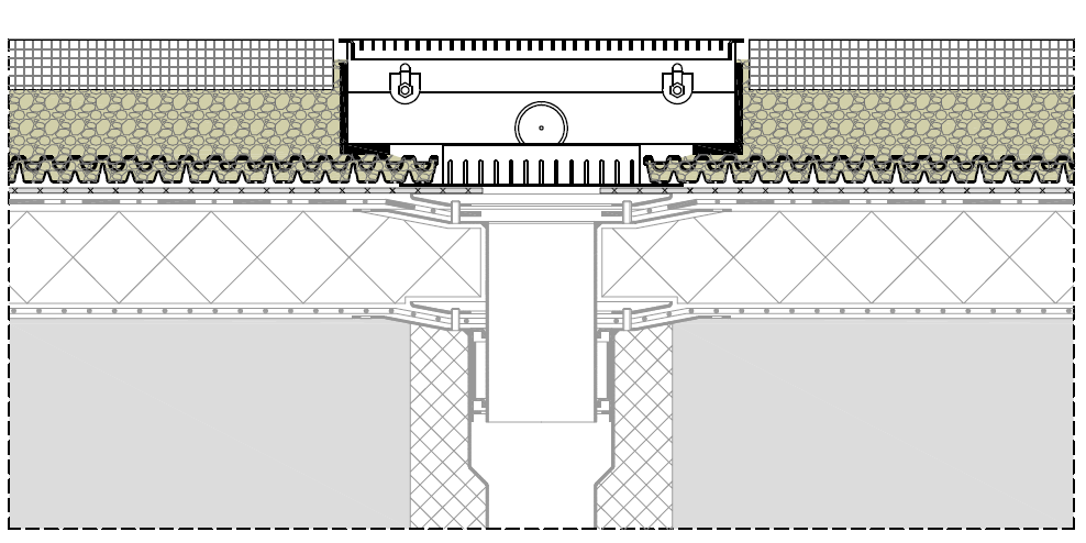 Teraszburkolat rétegrend kavicskosárral: fagyálló burkolat, zúzottkő, TRK kavicskosár, DD-25H drénréteg, VLU-300 geotextília, vízszigetelés.