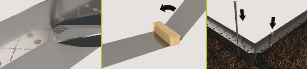 GG‑FF‑175 fűszegély sarokkialakítása stabil szögillesztéssel.