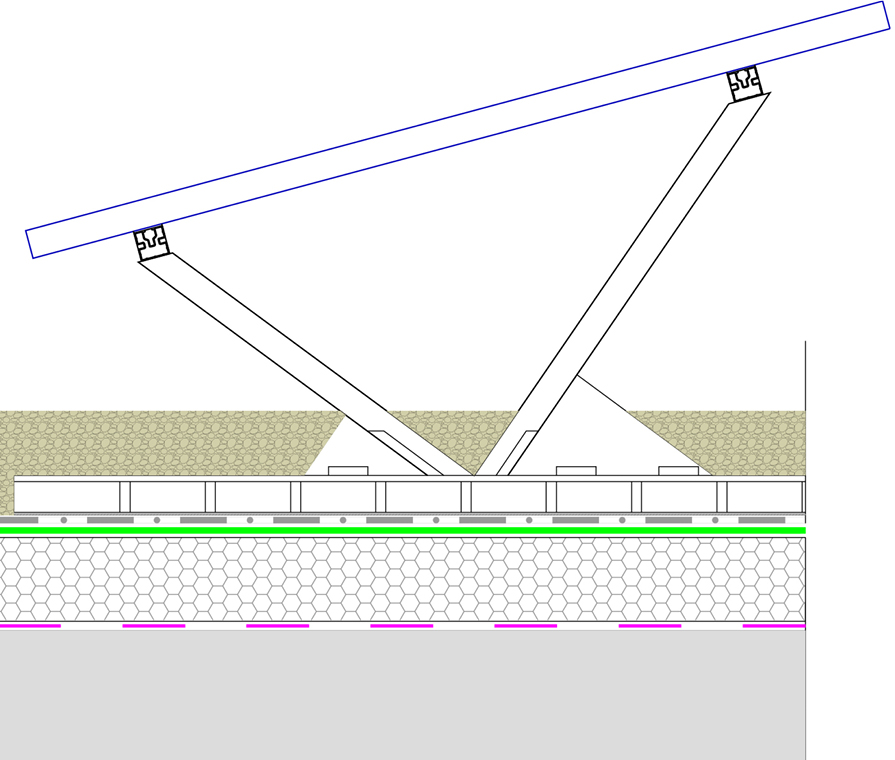 DIASOLAR napelemtartó rendszer rétegrendi keresztmetszete zöldtetőre telepítve.