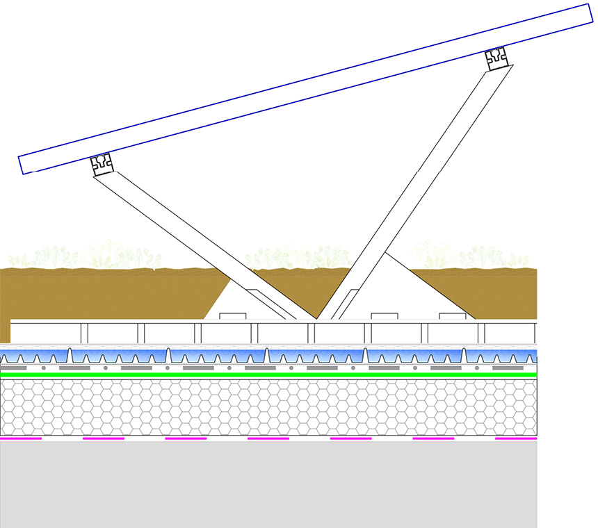 DIASOLAR napelemtartó rendszer rétegrendi keresztmetszete zöldtetőre telepítve.