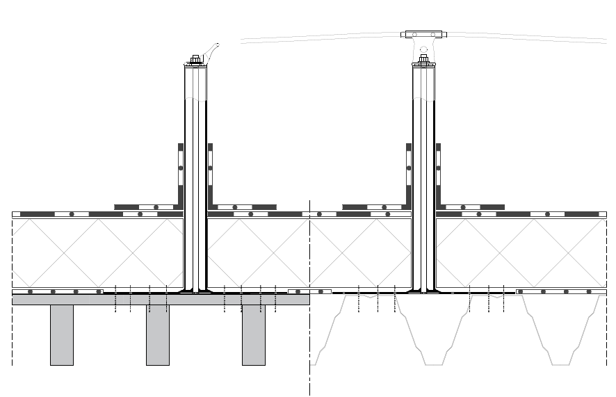 RoofX W-T Single Glide leesés elleni rendszer beszerelési metszete, bemutatva a tetőszerkezet rétegrendjét.