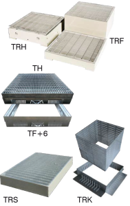 DIADEM TRF–TRH–TH–TRS–TRK rendszerek: különböző típusú teraszrácsok és kavicskosarak kültéri felületekre.